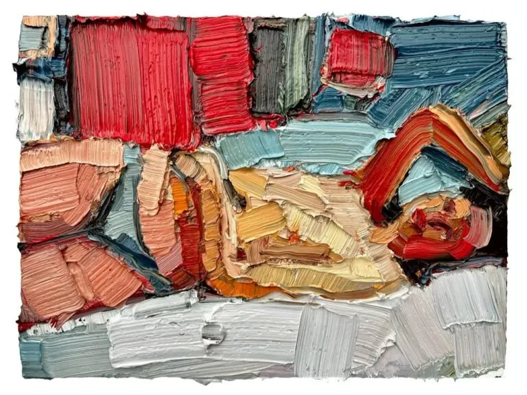 Pintura al óleo de Marolize Southwood con figura humana reclinada entre bloques de color y textura impasto.