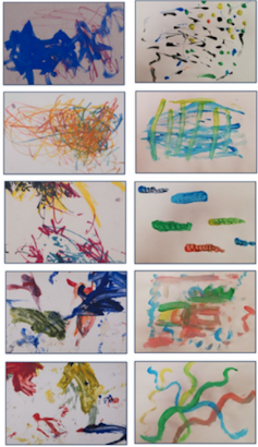 Collage de diez pinturas abstractas con trazos espontáneos y colores vibrantes.