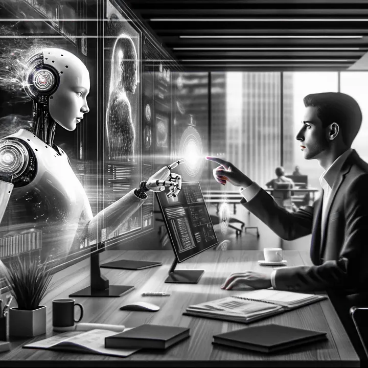 Humano y androide interactúan en una oficina futurista a través de una interfaz holográfica.