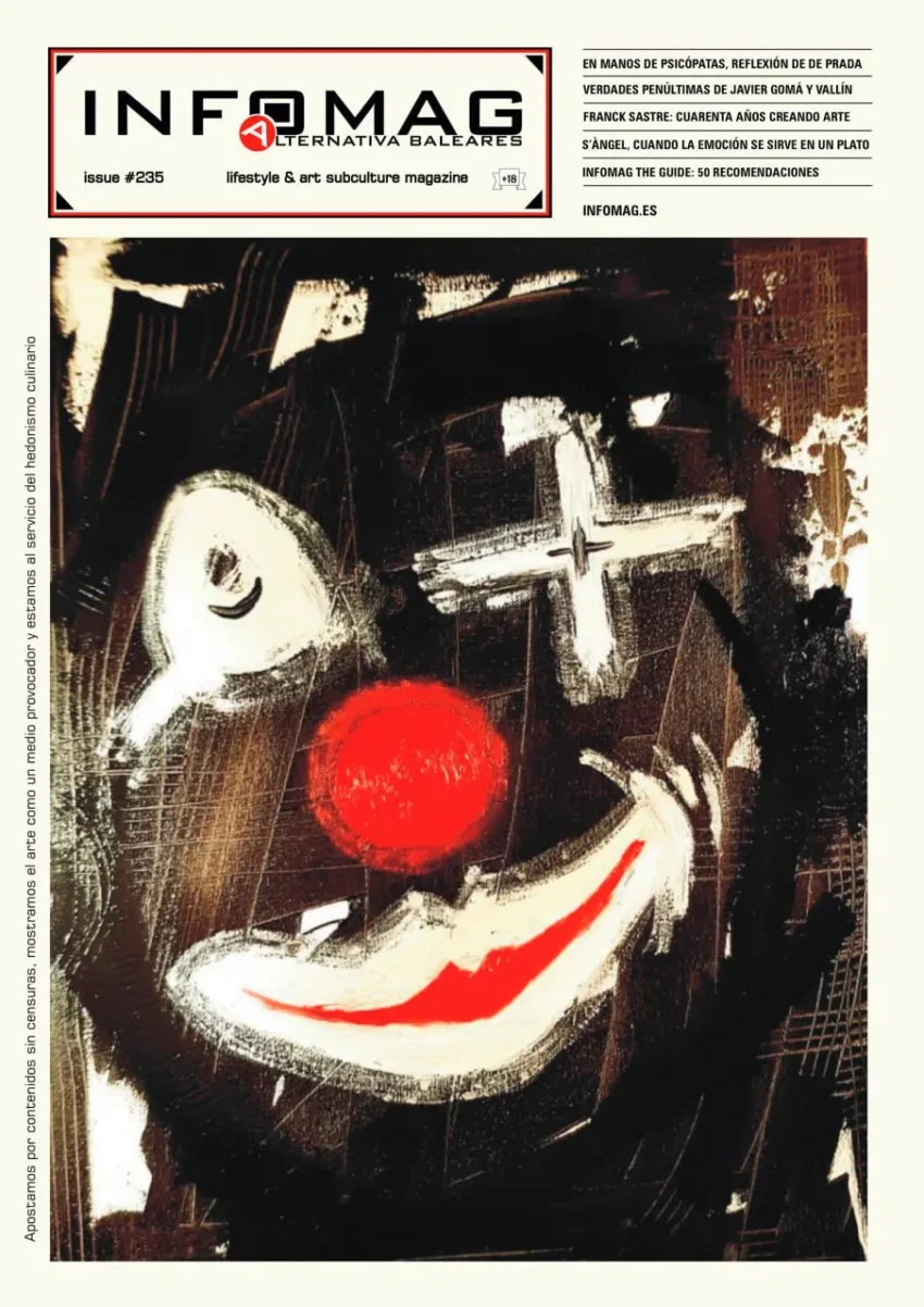 Portada de Infomag 235 con pintura expresiva de rostro de payaso, fondo oscuro y trazos intensos.