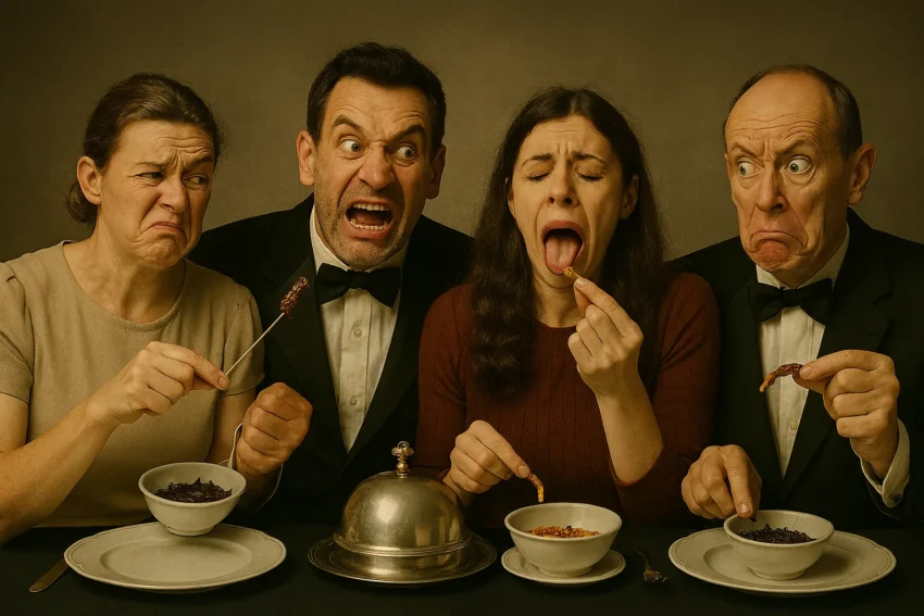 Cena surrealista con insectos: comensales elegantes muestran asco grotesco