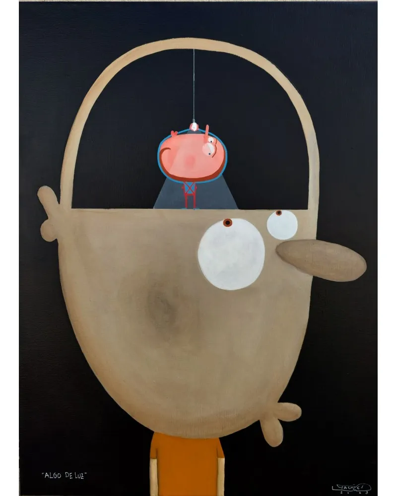 Figura con nariz prominente y personaje suspendido dentro de la cabeza sobre fondo oscuro