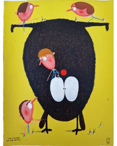 Criatura negra con ojos grandes y nariz roja rodeada de figuras humanas sobre fondo amarillo