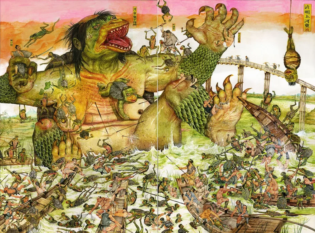 Las obras de Mu Panson son narrativas estratificadas, reflexiones personales sobre el comportamiento humano en las que el humor y la violencia suelen coincidir.