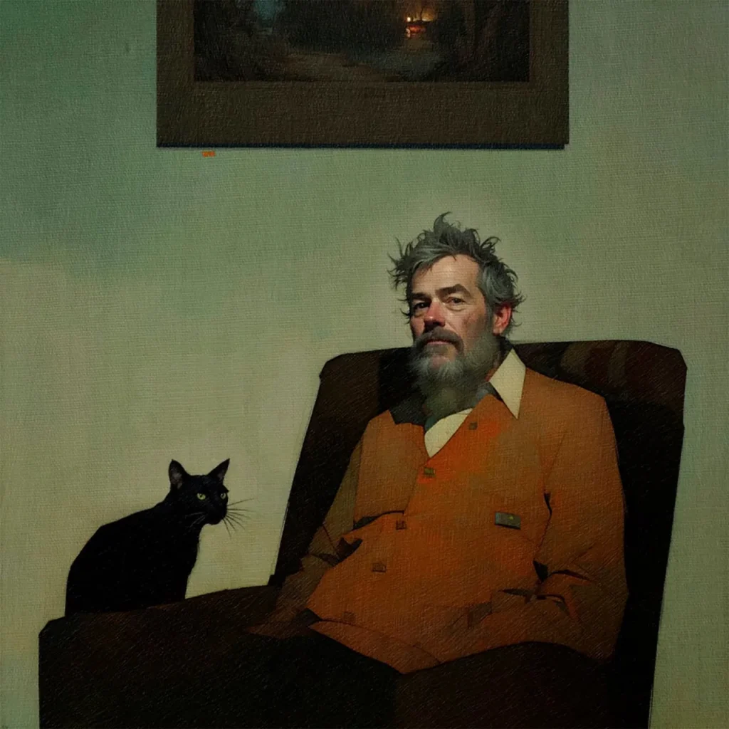 Retrato estilizado de Steve McDonald con abrigo naranja y gato negro en sillón
