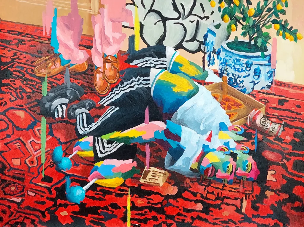 Pintura contemporánea de Dani Hache con figura colorida sobre alfombra roja