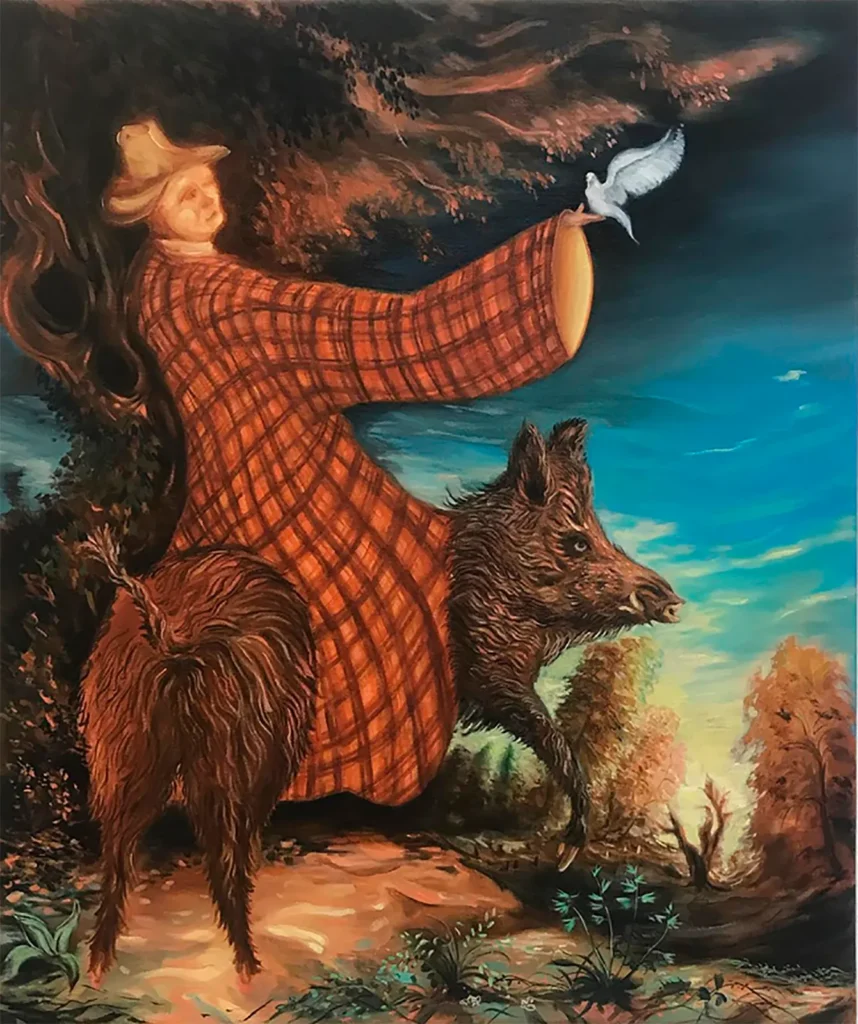 El trabajo del Alex Hudson es una investigación conceptual sobre la pintura en sí misma, un entramado de ideas y referencias veladas que cristalizan en escenas, retratos o paisajes donde alegorías y ideas filosóficas coexisten con imágenes llenas de humor, explícitas y vulgares.