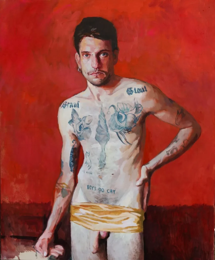 A través de la pintura Alonso del Moral reflexiona sobre las pulsiones sexuales en la comunidad gay online bajo un lenguaje pictórico tradicional y un discurso común.