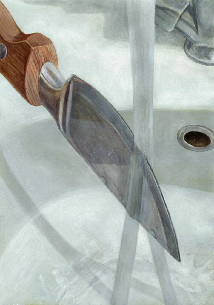 Es un proceso íntimo, casi de diario. Las obras de Alicja Pakosz incluidas en Fight, Flight, Freeze, Friend tienen una cualidad de “migajas de vida”, surgidas directamente de ese trabajo cotidiano entre series, aunque también abordan temas ya presentes en su trayectoria: la comunidad, el sentido de identidad compartida y los cambios en las dinámicas de poder dentro del contrato social.