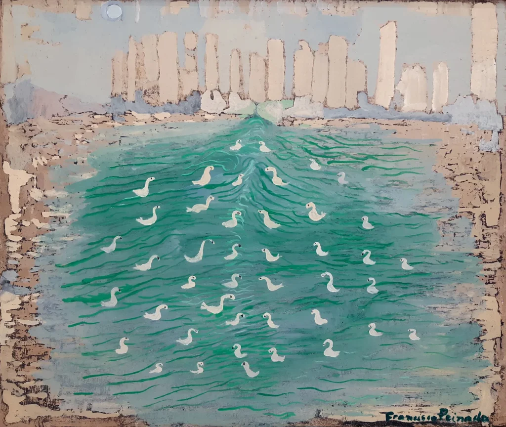 Con un estilo naif no exento de espanto y esperpento, testimonio, ironía y crítica y una paleta oscura, de una luz negra que paradójicamente afirma la vida.