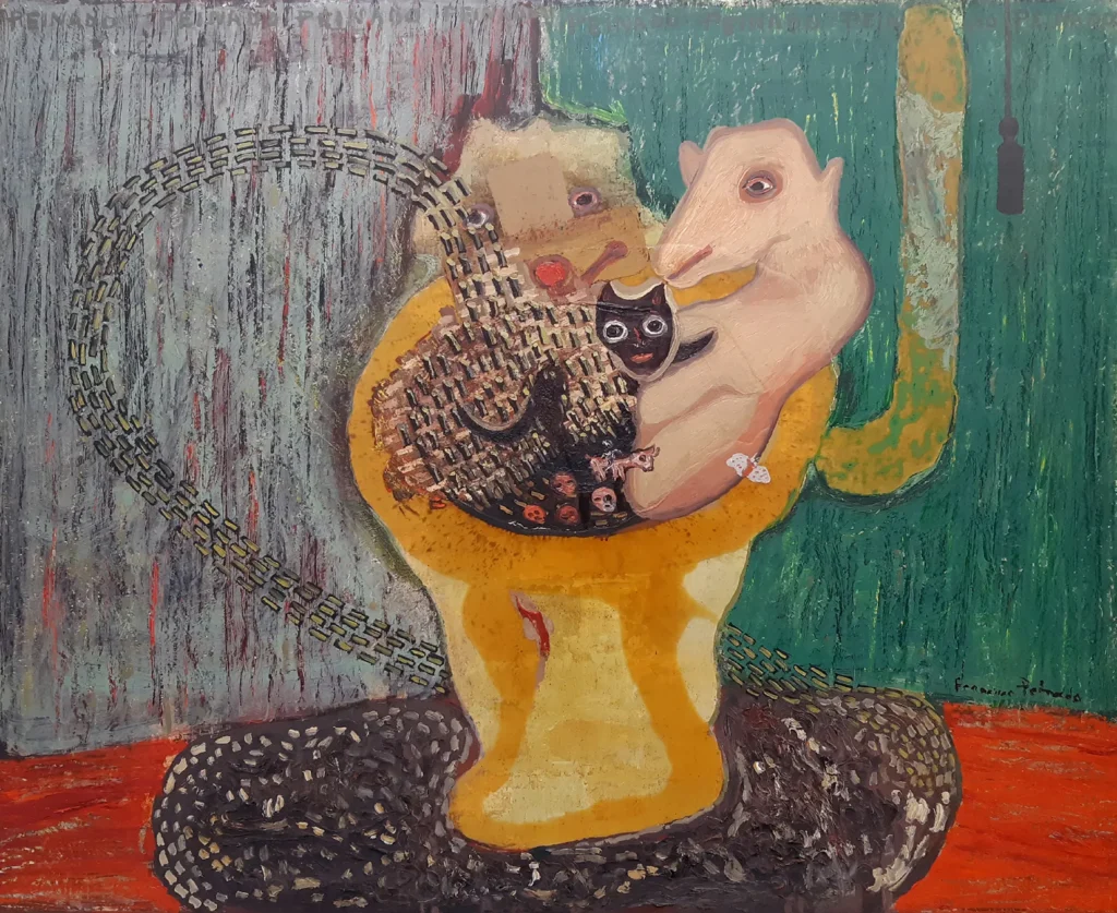 Con un estilo naif no exento de espanto y esperpento, testimonio, ironía y crítica y una paleta oscura, de una luz negra que paradójicamente afirma la vida.