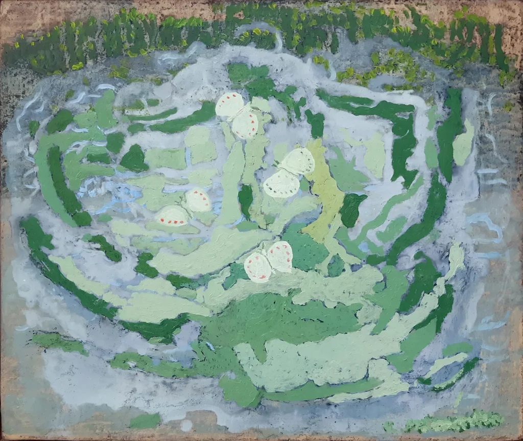 Con un estilo naif no exento de espanto y esperpento, testimonio, ironía y crítica y una paleta oscura, de una luz negra que paradójicamente afirma la vida.