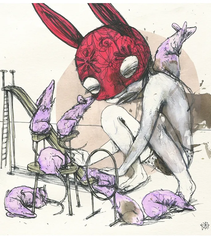 Ilustración expresiva de Darkam con una figura entrelazadas, una sosteniendo a la otra, con manchas rojas que sugieren intensidad emocional y trazos sueltos en lápiz y acuarela.