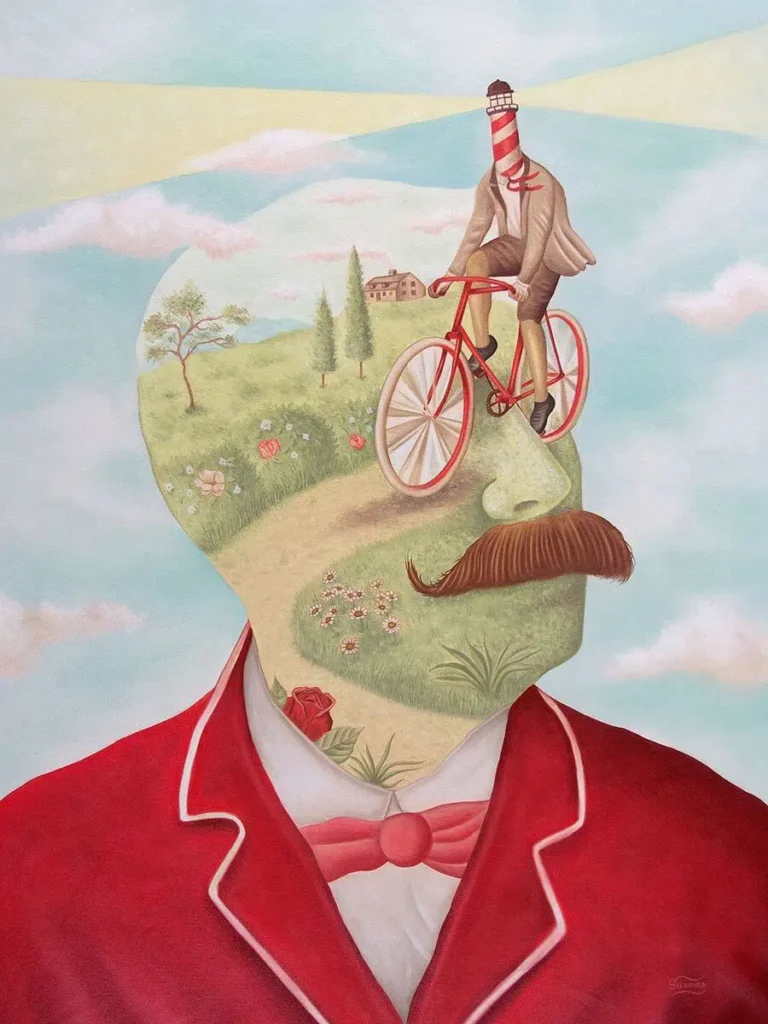 Retrato surrealista de Rafael Silveira con rostro convertido en paisaje de colinas, casa y ciclista