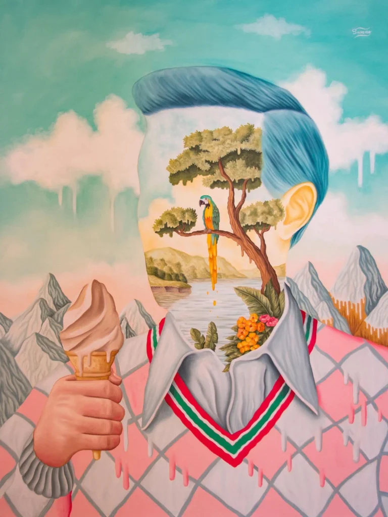 Retrato surrealista de Rafael Silveira con rostro convertido en paisaje natural con árbol, loro y cascada