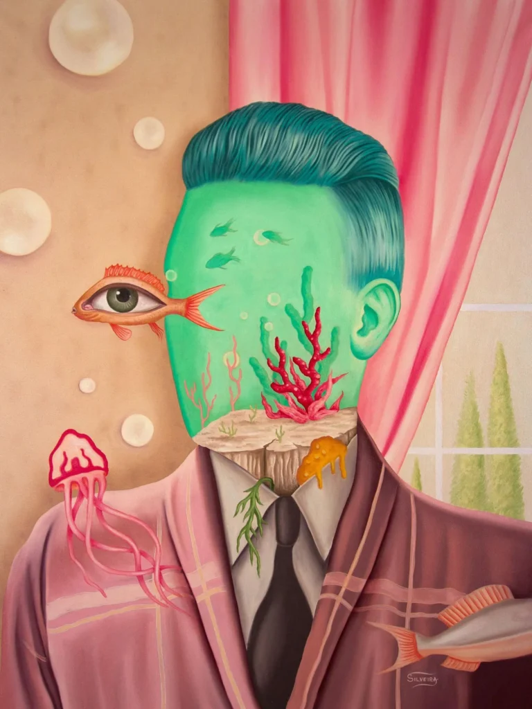 Retrato surrealista de Rafael Silveira con rostro acuático lleno de corales, peces y medusas