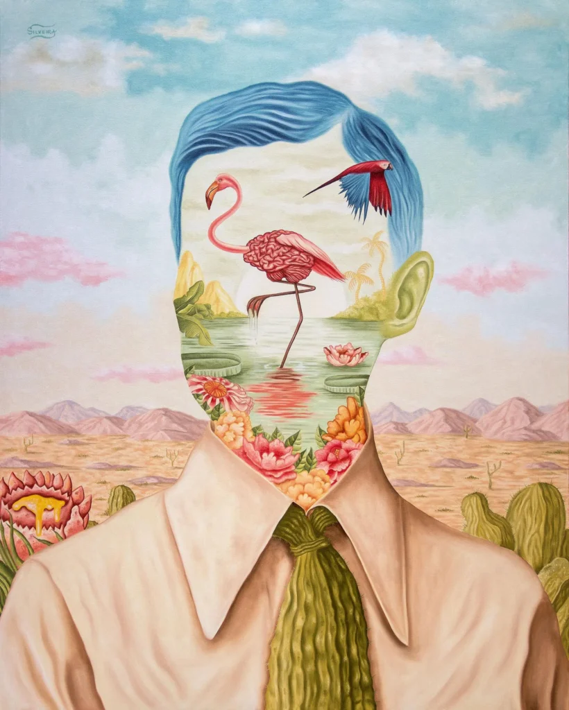 Retrato surrealista de Rafael Silveira con rostro convertido en paisaje natural y flamencos