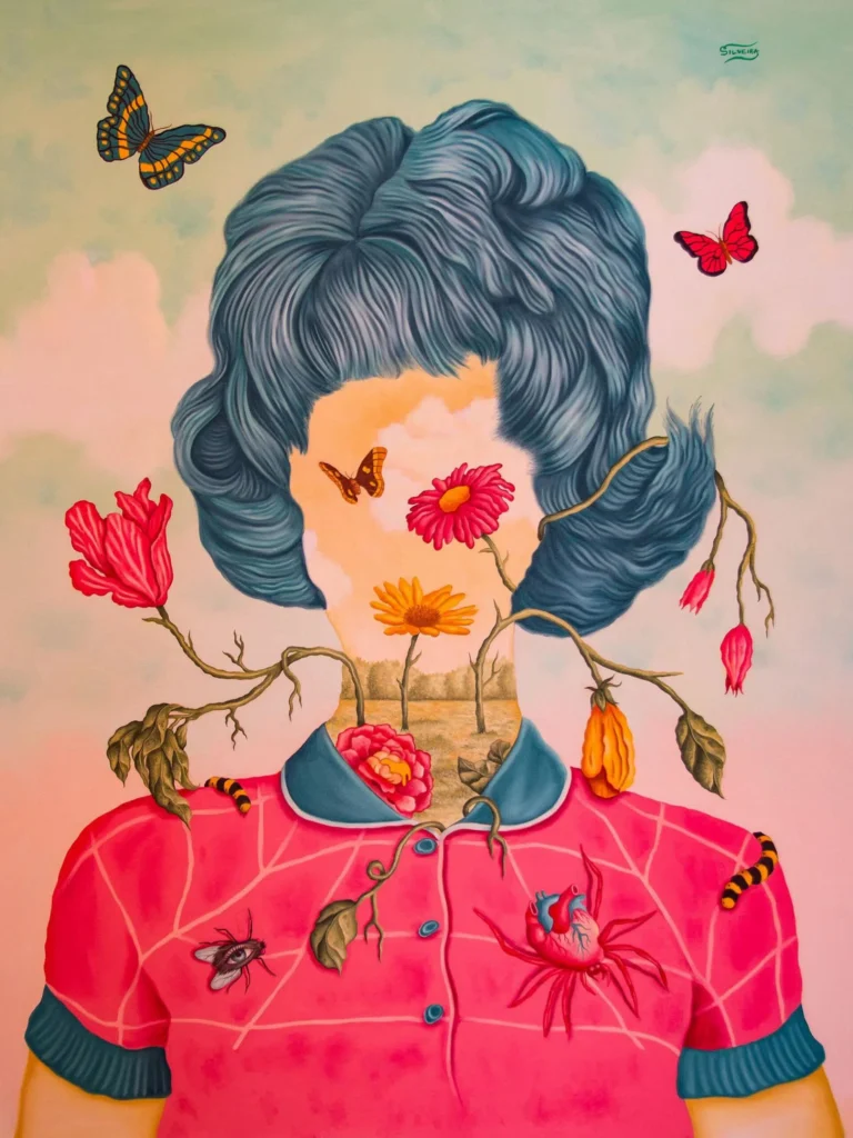 Retrato surrealista de Rafael Silveira con rostro formado por flores, mariposas e insectos