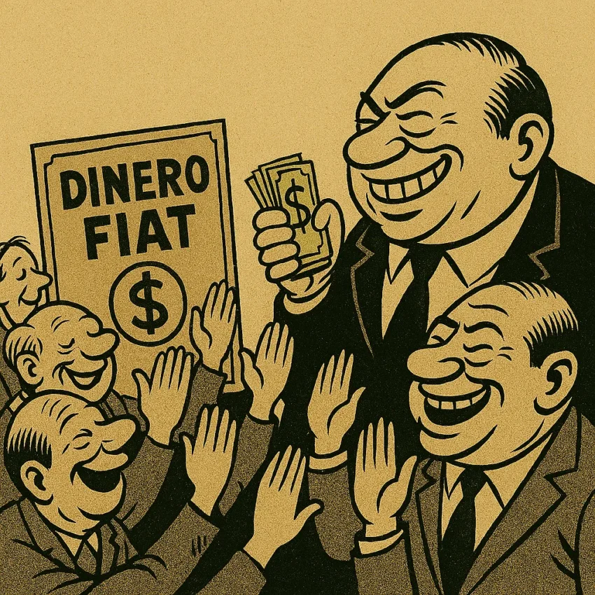 Caricatura satírica en estilo vintage que muestra a un grupo de personas caricaturizadas adorando un gran billete fiat como si fuera un ídolo religioso, mientras un hombre rico sonríe con cinismo y sostiene una pila de dinero. La escena representa la adoración ciega al dinero sin respaldo.
