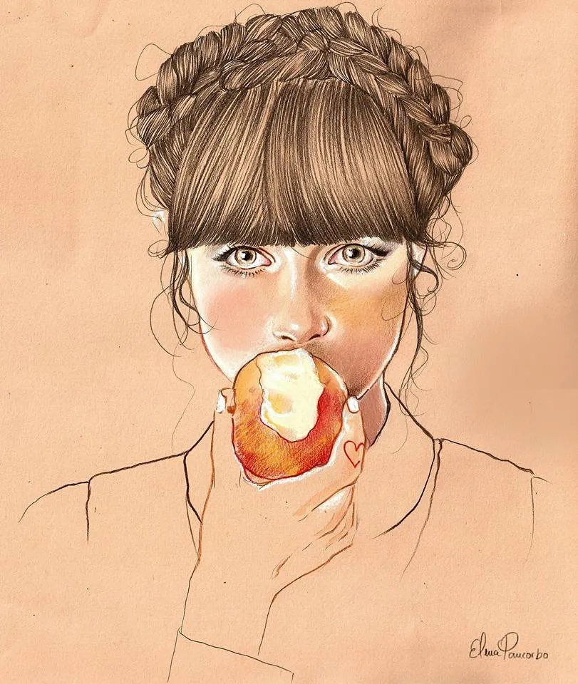 Ilustración de una mujer con trenzas mordiendo una manzana roja sobre fondo beige.
