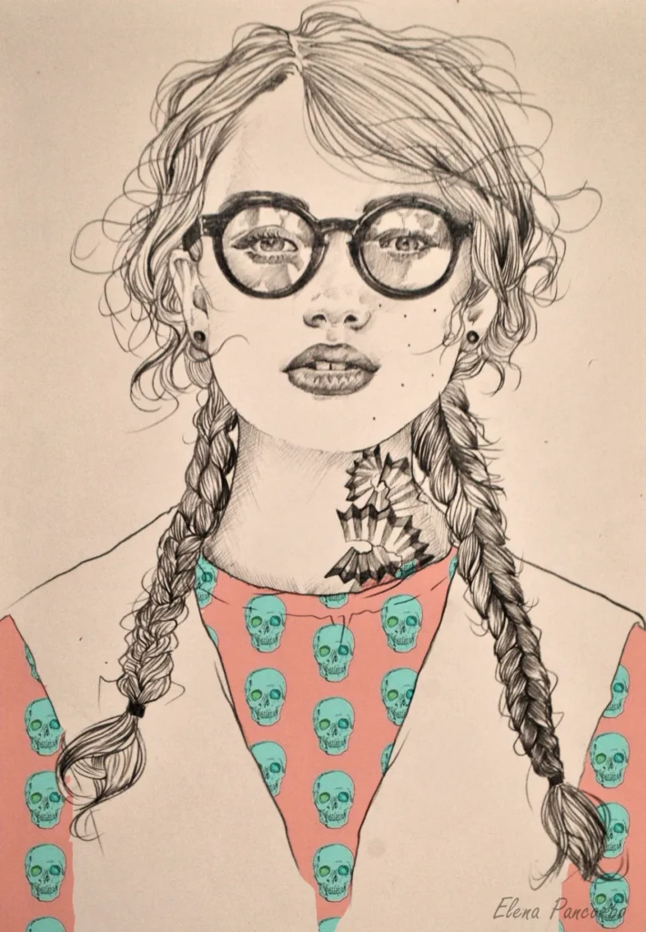 Retrato ilustrado de una persona con trenzas largas, gafas redondas y camisa estampada con calaveras turquesas.
