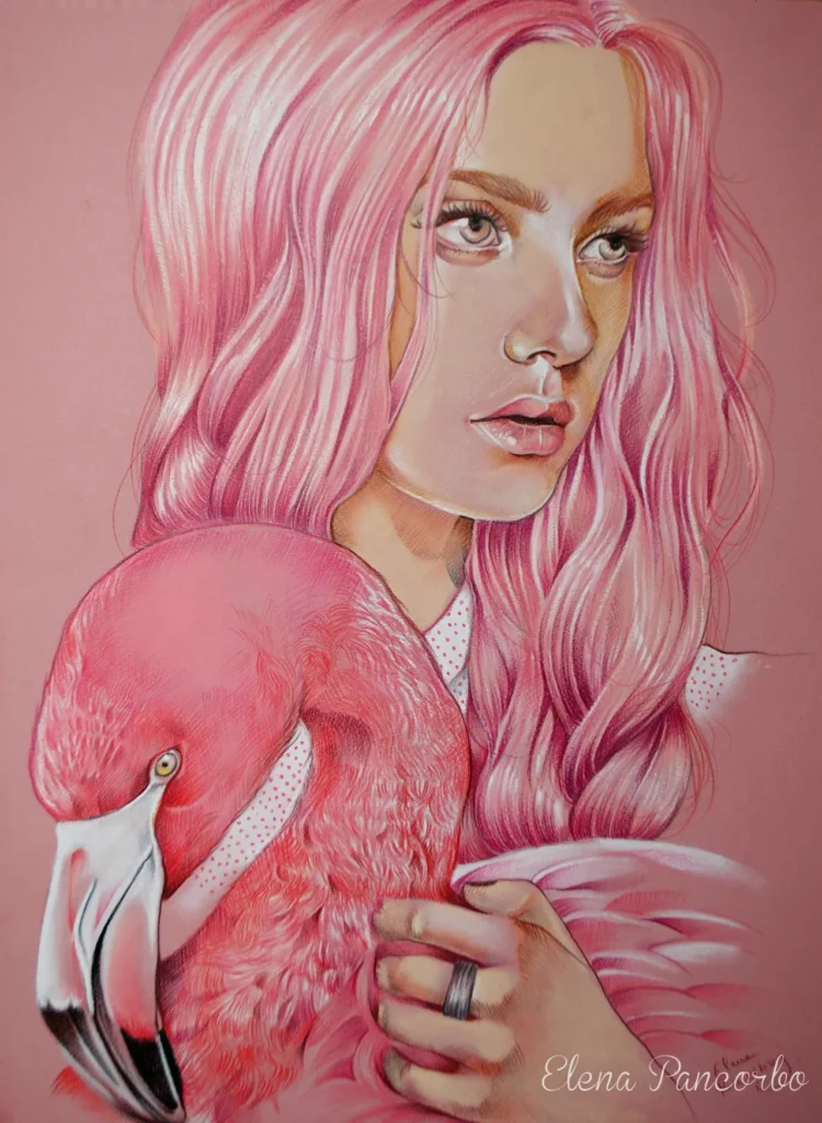 Ilustración de una persona con cabello rosa largo abrazando un flamenco rosa sobre fondo monocromático.