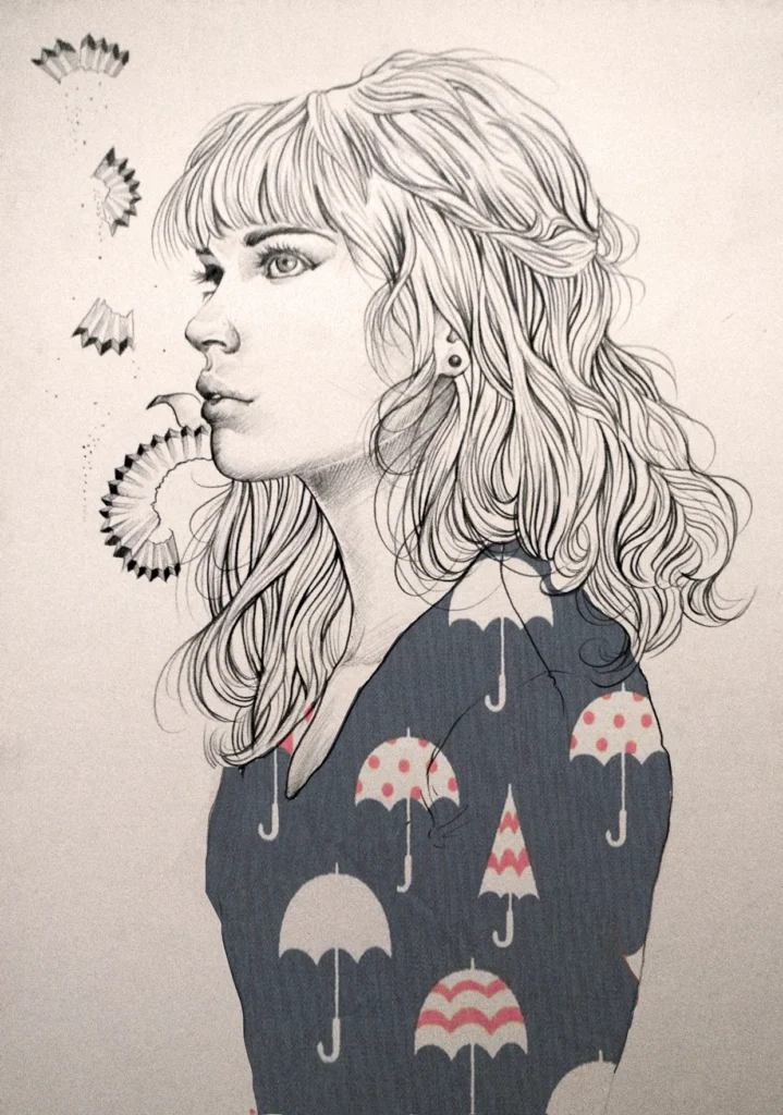 Ilustración en perfil de una persona con cabello recogido y camisa azul con estampado de paraguas.