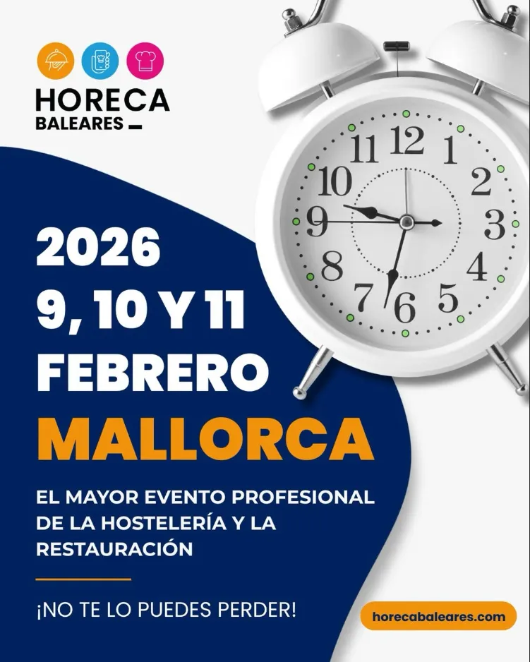 Cartel de Horeca Baleares 2026 con fechas del evento en Mallorca y diseño gráfico con iconos de hostelería.