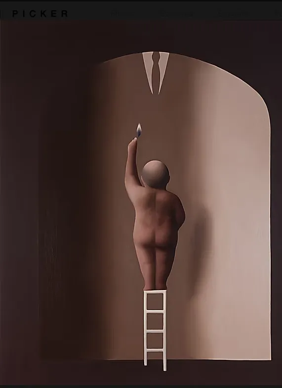 Figura desnuda subiendo una escalera dentro de un arco mientras sostiene una llama bajo un traje suspendido, obra surrealista de Sebastián Picker.