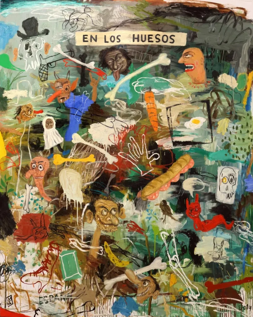 Con una intensidad material de pinceladas gruesas y empastes, así como la ironía mordaz que atraviesa personajes caricaturizados Matías Sánchez construye otra realidad.