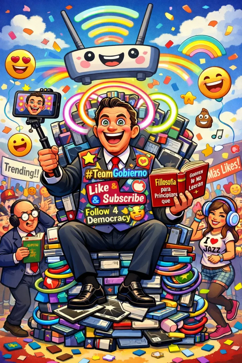 Caricatura colorida de un ministro?influencer sentado en un trono hecho de dispositivos digitales, rodeado de emojis, WiFi y símbolos de redes sociales.