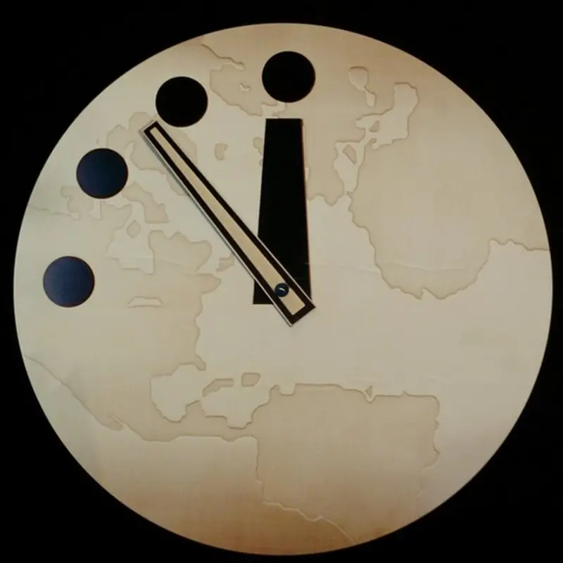 Ilustración del Reloj del Fin del Mundo marcado a 90 segundos de la medianoche