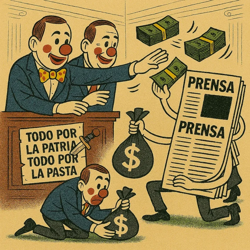 Políticos disfrazados de payasos en un parlamento lanzan fajos de dinero a periódicos antropomórficos que los recogen con entusiasmo, bajo un cartel clavado que dice “Todo por la patria, todo por la pasta”.