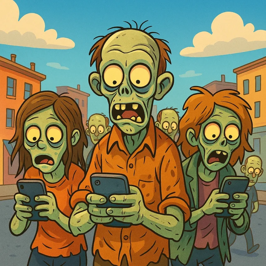 Ilustración caricaturesca de varias personas caminando por una ciudad mientras miran fijamente sus teléfonos móviles, con expresiones exageradas y aspecto de trance, en una sátira sobre la dependencia digital.