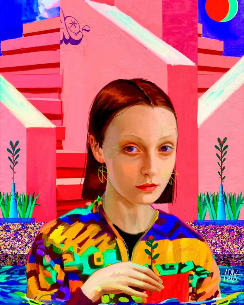 Ilustración colorida de Alex de Marcos con figura juvenil en un entorno arquitectónico surrealista.