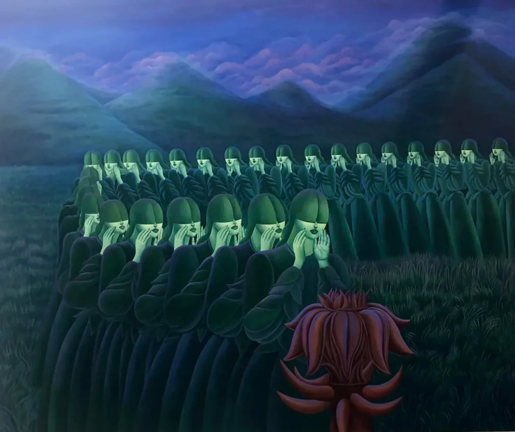 Pintura surreal y ritualista con figuras encapuchadas frente a una gran forma orgánica roja.