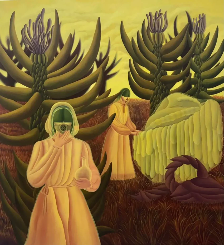 Tres figuras con túnicas melocotón y cascos verdes en un paisaje fantástico lleno de plantas orgánicas y formas surrealistas, en una escena característica de Brenda Carenda.