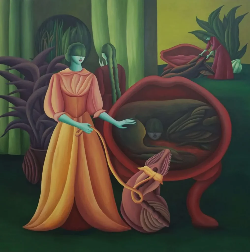 Figura azul con vestido voluminoso sujetando a una criatura rosada frente a una estructura roja en forma de boca, en un paisaje vegetal surreal característico de Brenda Carenda.