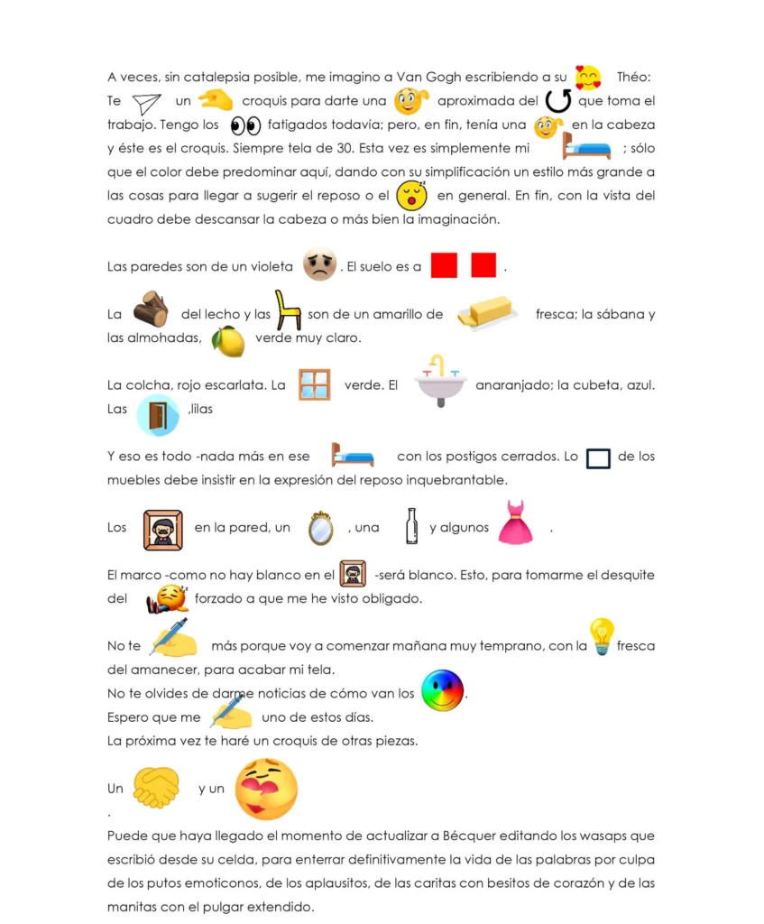 Texto humorístico que recrea una carta de Van Gogh a Théo utilizando emojis para sustituir palabras, combinando lenguaje clásico con iconografía digital.