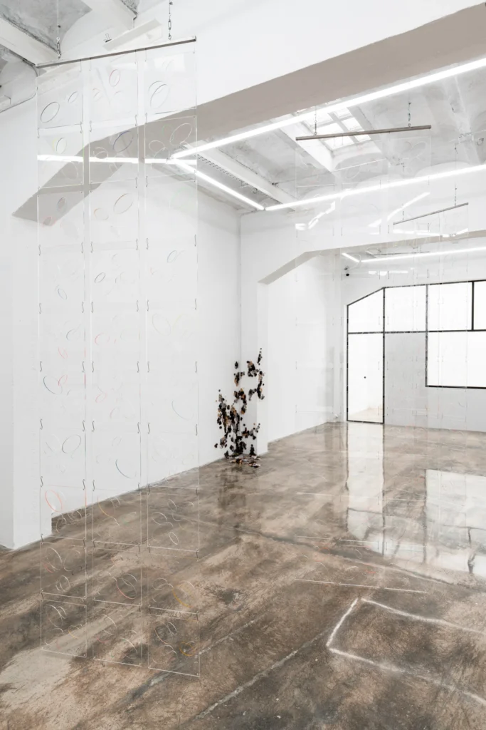 Instalación “Spinning Rumours Ópalo” de Carla Arocha y Stéphane Schraenen con paneles transparentes suspendidos y patrones circulares en un espacio expositivo blanco.