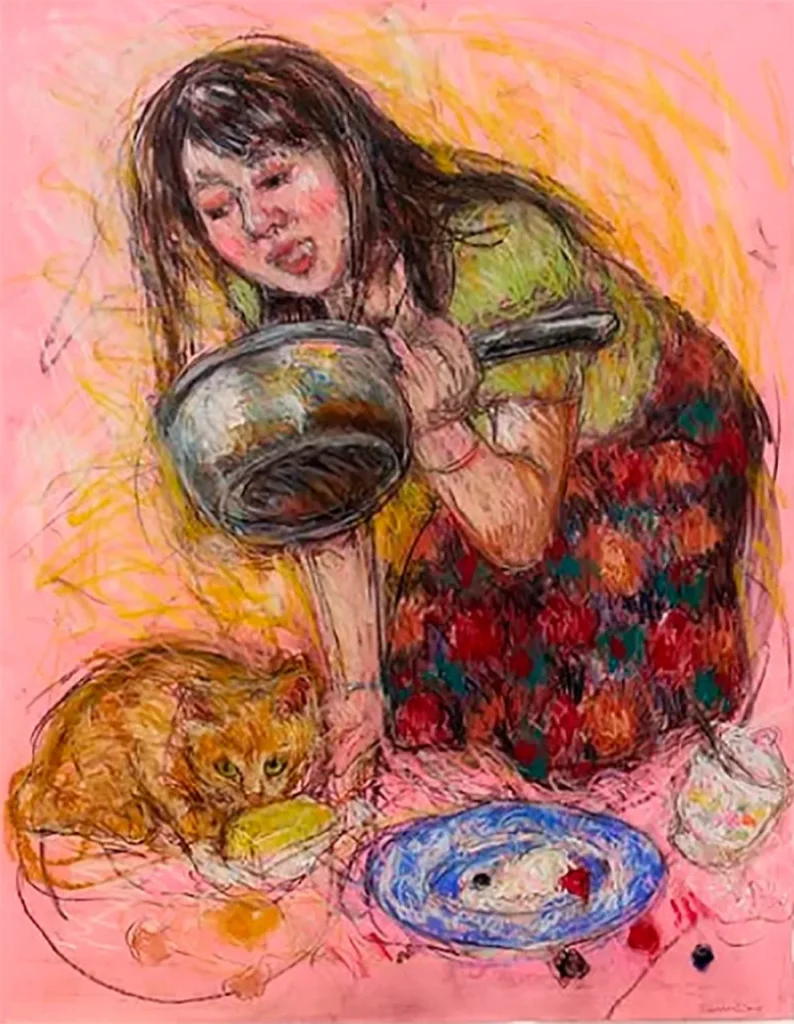 Pintura expresiva de Caroline Wong con mujer alimentando a un gato en un entorno vibrante.