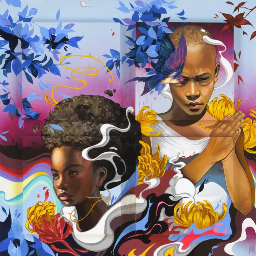 Dos jóvenes rodeados de flores y elementos surrealistas en una obra pop emocional de Kayla Mahaffey