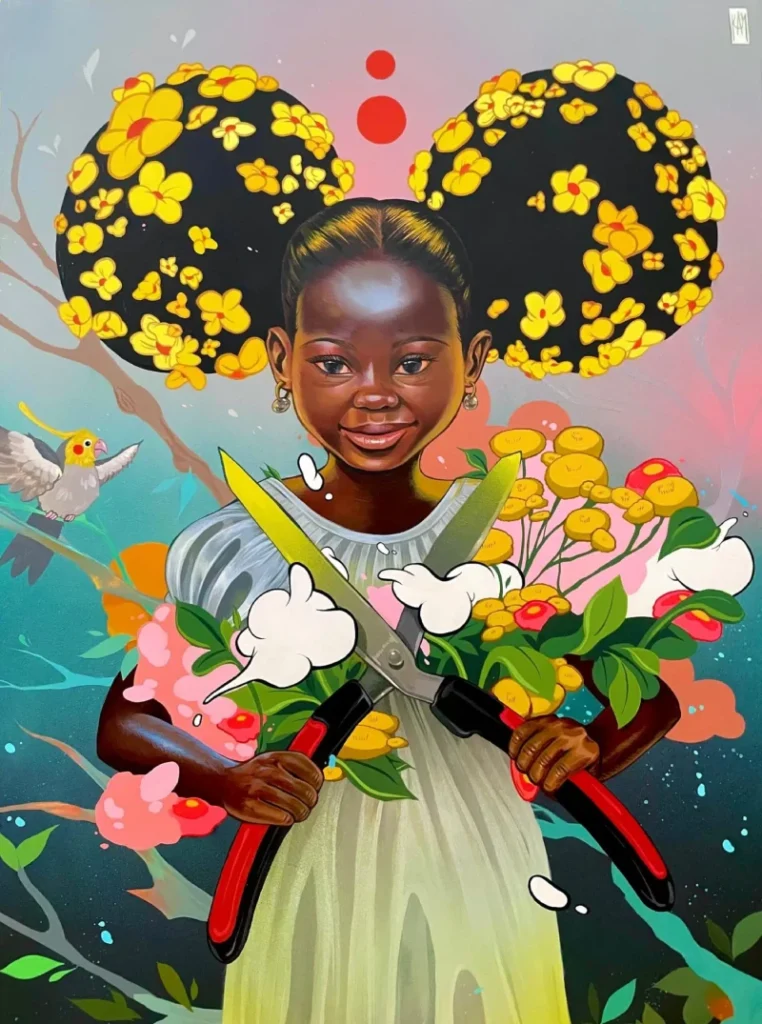Niña con coletas y flores amarillas sosteniendo unas tijeras de podar entre ilustraciones coloridas en estilo pop surrealista de Kayla Mahaffey