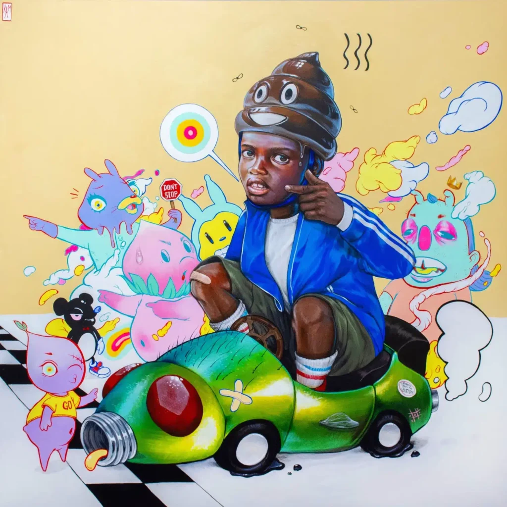 Niño sentado en un coche de juguete surrealista rodeado de personajes pop y elementos fantásticos en una obra de Kayla Mahaffey