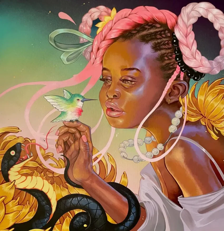 Retrato juvenil con trenzas rosas, flores y un colibrí en una obra pop surrealista de Kayla Mahaffey