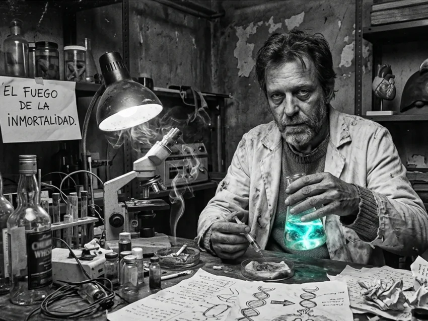 Fotografía artística en blanco y negro de un hombre con aspecto descuidado, similar a Charles Bukowski, en un laboratorio clandestino y sucio. Sostiene un matraz con un líquido brillante color turquesa y una jeringa, rodeado de botellas de whisky, ceniceros y diagramas de ADN, con un cartel que dice "El fuego de la inmortalidad".