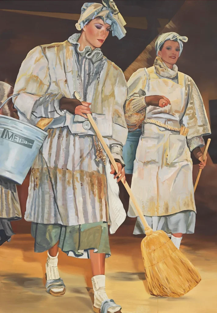 Las pinturas de Paulina Olowska figurativas suelen presentar mujeres en una amplia variedad de entornos, desde oficinas y tiendas hasta granjas y selvas, desafiando tanto las convenciones de la historia del arte como las nociones tradicionales de feminidad en las culturas oriental y occidental.