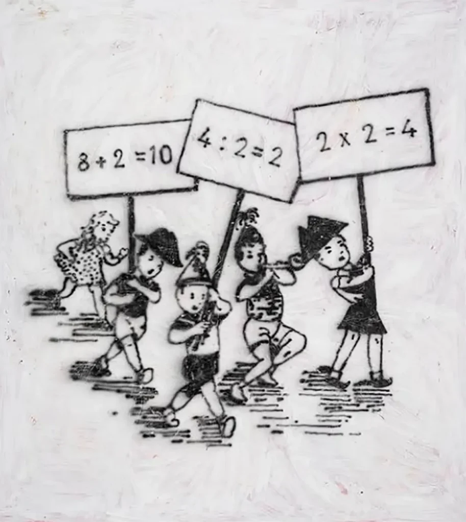 Ilustración infantil de estilo pop por Ricardo Passaporte con niños sosteniendo carteles de operaciones matemáticas.