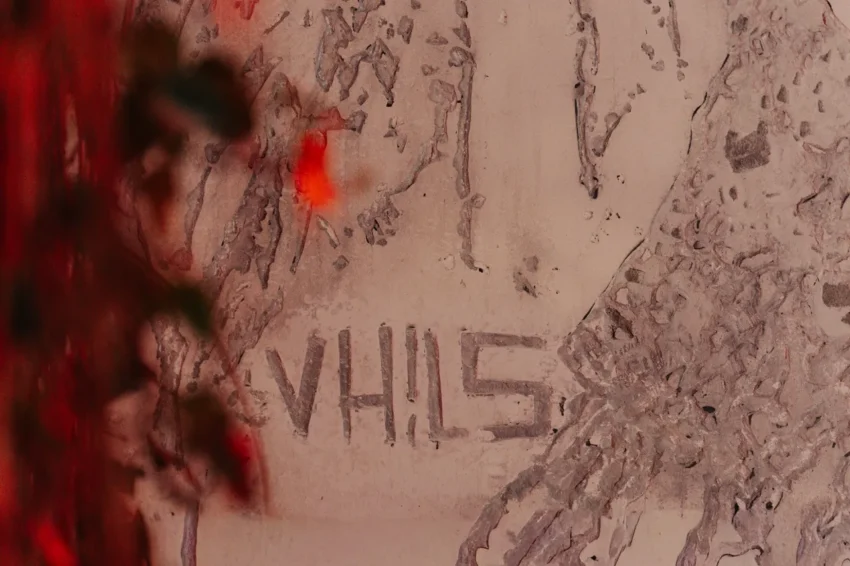 Relieve mural de Vhils tallado en pared con textura y vegetación en primer plano.