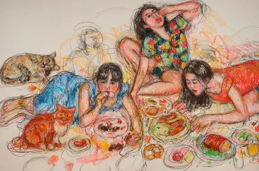 Tres figuras recostadas en el suelo rodeadas de comida abundante y animales domésticos, en una escena vibrante y festiva característica de Caroline Wong.